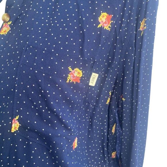 Obey Propaganda Womens Navy Blue Floral Dot Button Down Blouse Large - Picture 2 of 5